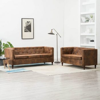 2-dijelni set sofa Chesterfield s presvlakom od tkanine smeđi