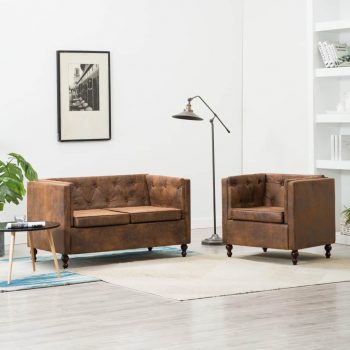 2-dijelni set sofa Chesterfield s presvlakom od tkanine smeđi