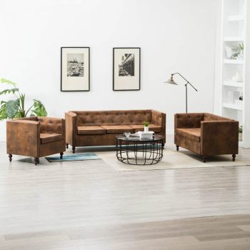 3-dijelni set sofa Chesterfield s presvlakom od tkanine smeđi