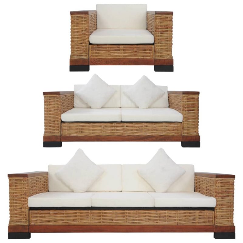 3-dijelni set sofa od prirodnog ratana s jastucima smeđi