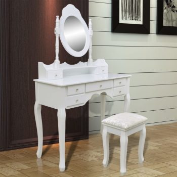 Toaletni stol s ogledalom i stolicom 7 ladica bijeli