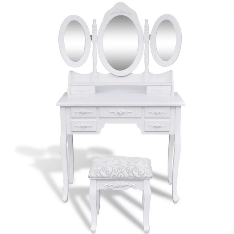 Toaletni stolić sa stolicom i 3 ogledala bijeli