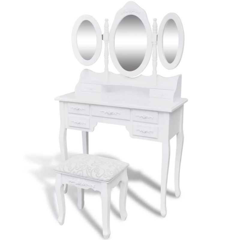 Toaletni stolić sa stolicom i 3 ogledala bijeli