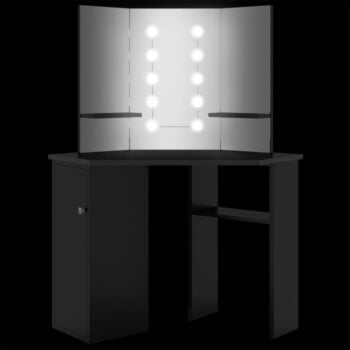Kutni toaletni stolić s LED svjetlom crni 111 x 54 x 141
