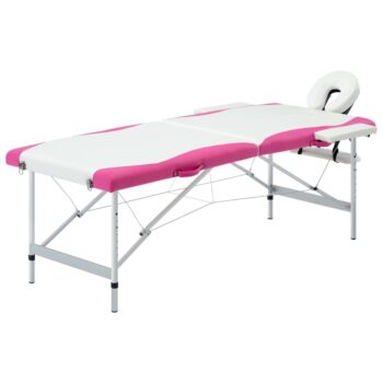 Sklopivi masažni stol s 2 zone aluminijski bijelo-ružičasti