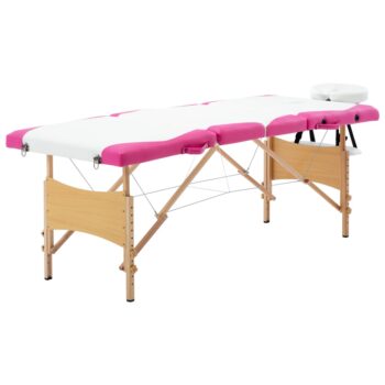 Sklopivi masažni stol s 4 zone drveni bijelo-ružičasti