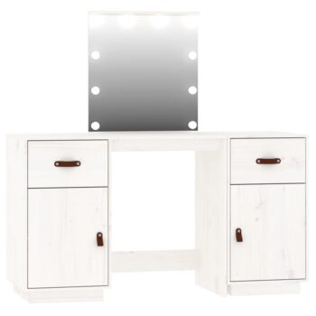 Set toaletnog stolića s LED svjetlima bijeli masivna borovina