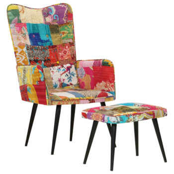 Fotelja s tabureom raznobojna od platna s patchworkom