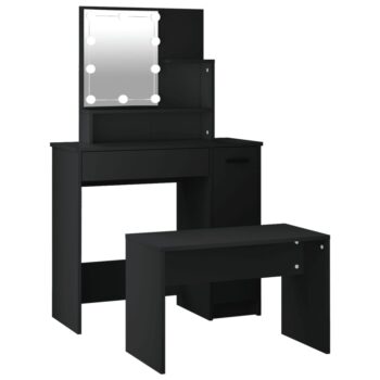 Set toaletnog stolića LED crni od konstruiranog drva