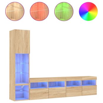 4-dijelni zidni TV elementi s LED svjetlima boja hrasta drveni