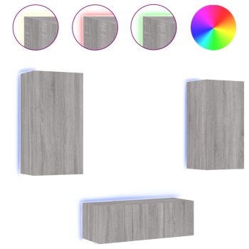 4-dijelni zidni TV elementi s LED svjetlima boja sivog hrasta