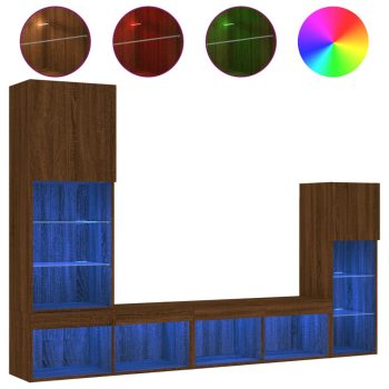 4-dijelni zidni TV elementi s LED svjetlima boja smeđeg hrasta