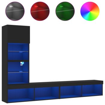 4-dijelni zidni TV elementi s LED svjetlima crni drveni