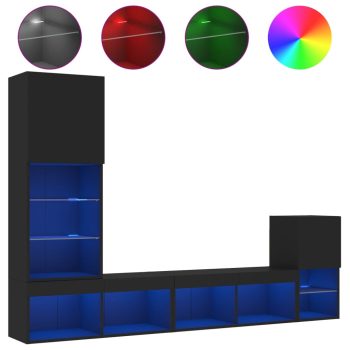 4-dijelni zidni TV elementi s LED svjetlima crni drveni