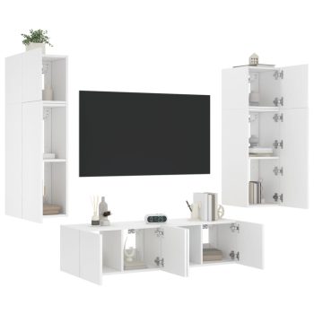 6-dijelni zidni TV elementi s LED svjetlima bijeli drveni