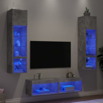 6-dijelni zidni TV elementi s LED svjetlima boja betona drveni