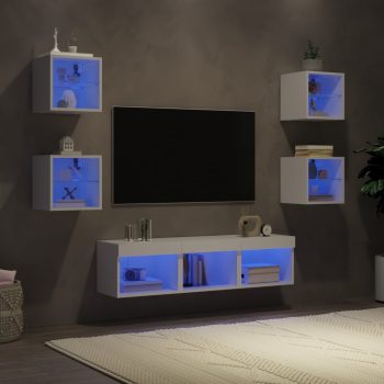 7-dijelni zidni TV elementi s LED svjetlima bijeli drveni