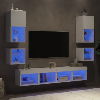 8-dijelni zidni TV elementi s LED svjetlima bijeli drveni