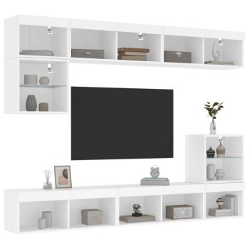 8-dijelni zidni TV elementi s LED svjetlima bijeli drveni