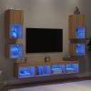 8-dijelni zidni TV elementi s LED svjetlima boja hrasta drveni