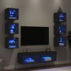 8-dijelni zidni TV elementi s LED svjetlima crni drveni