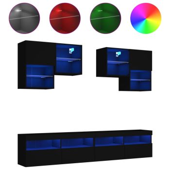 6-dijelni set zidnih TV ormarića s LED svjetlima crni