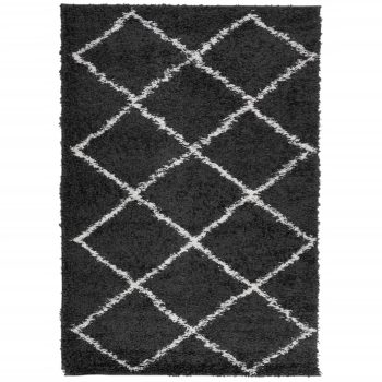Čupavi moderni tepih s visokim vlaknima crni i krem 140x200 cm