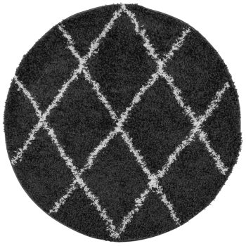 Čupavi moderni tepih s visokim vlaknima crni i krem Ø 100 cm